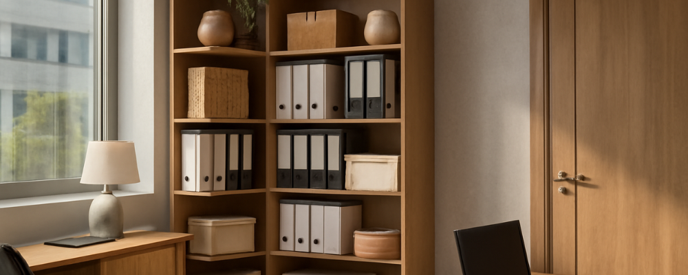 armoire de rangement en coin avec des documents pro et de la décoration, bureaux et ordinateurs, espace professionnel